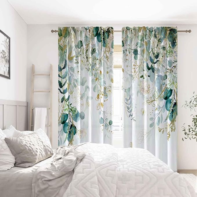 Gold Green Botanical Curtains 96 Inches Long for Living Room Eucalyptus Leaves Light Filtering Curtains Sage Green White Floral Drapes for Bedroom Farmhouse Leaf Flower Printed Door Curtain