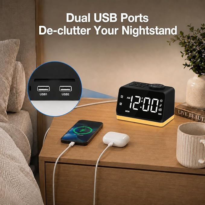 JALL Digital Alarm Clock with FM Radio for Bedroom, 8 Colors Night Light with 2 Charging Port, Sleep Sound Machines with Timer, Dual Alarm, Loud Alarm and Easy to Use for Seniors as Gift - Image 8