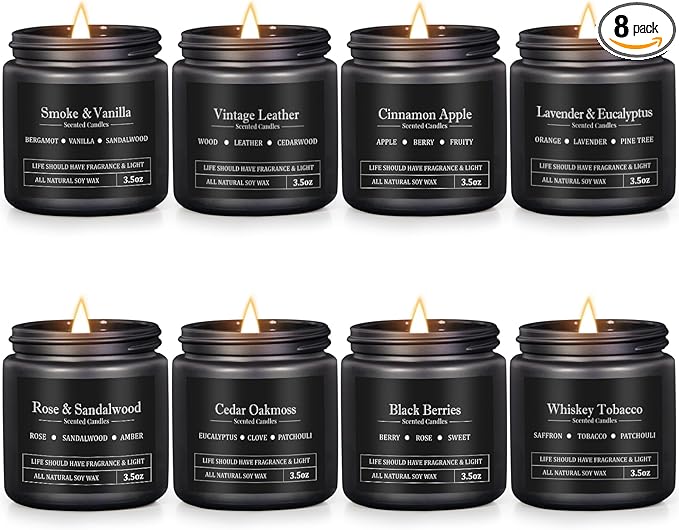 Manly Scented Candles for Men, 8 Pack Soy Candles for Home Scented, Up to 250H Burning, Aromatherapy Candle Set, Masculine Mens Candle Gift Set for Father Boyfriend Him, Birthday Valentine's Day Gifts