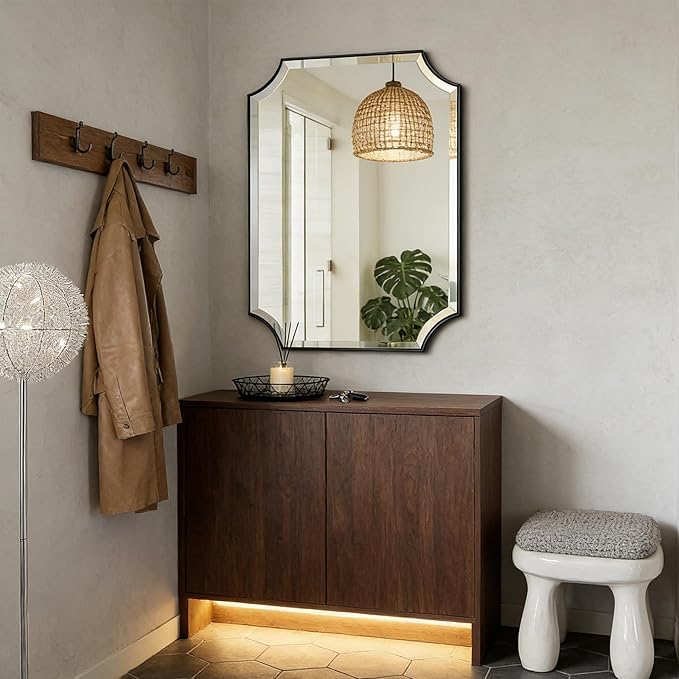 POZINO Rectangle Beveled Mirror, 22"x30" Bathroom Vanity Mirror with Stainless Steel Frame, Modern Aesthetic Scalloped Edge Wall Mirrors for Bedroom Hallway Entryway, Horizontal or Vertical Hanging