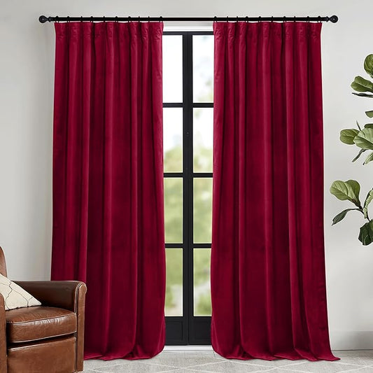 RYB HOME Chistmas Red Velvet Curtains- Super Soft Thermal Insulated Back Tab & Rod Pocket Window Curtain for Bedroom Movie Theater, Width 52 x Length 90 inch, Red, 2 Panels
