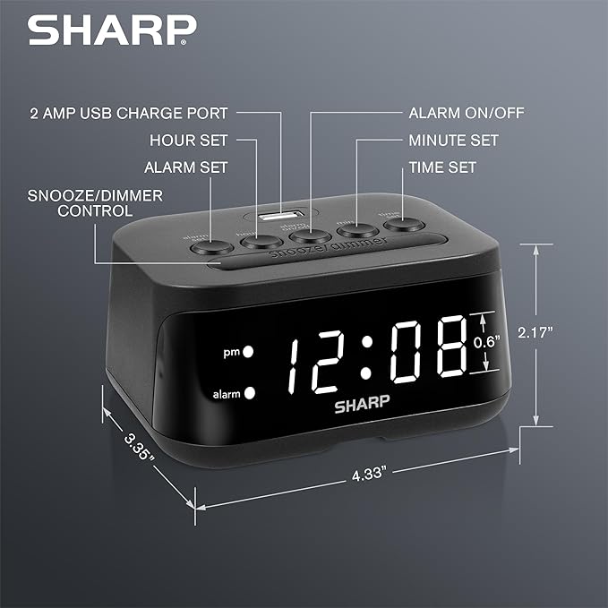 Sharp Digital Alarm Clock with USB 2 AMP Fast Charge Port & White LED Display - Image 4