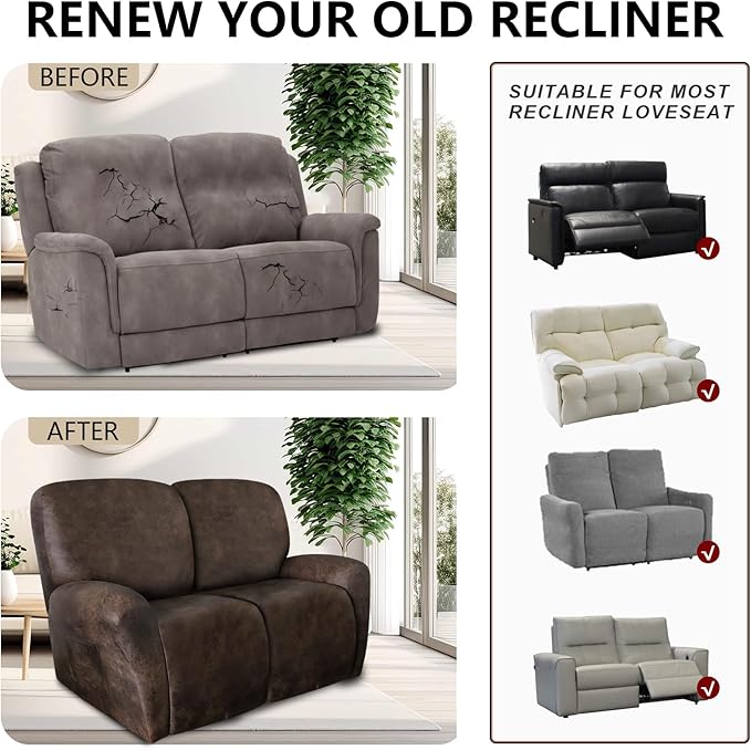 ANARACHON Leather Look Loveseat Recliner Covers Stay in Place 6-Piece Recliner Sofa Slipcover 2 Seater Reclining Couch Cover Furniture Protector Spandex Fabric Washable (Recliner Loveseat, Brown)