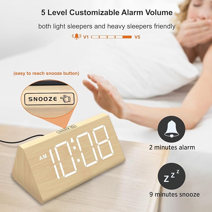 DreamSky Wooden Digital Alarm Clocks for Bedrooms - Electric Desk Clock with Large Numbers, USB Port, Loud Alarm for Heavy Sleepers, Adjustable Volume, Dimmer, Snooze, DST, Wood D??cor, Adapter Powered
