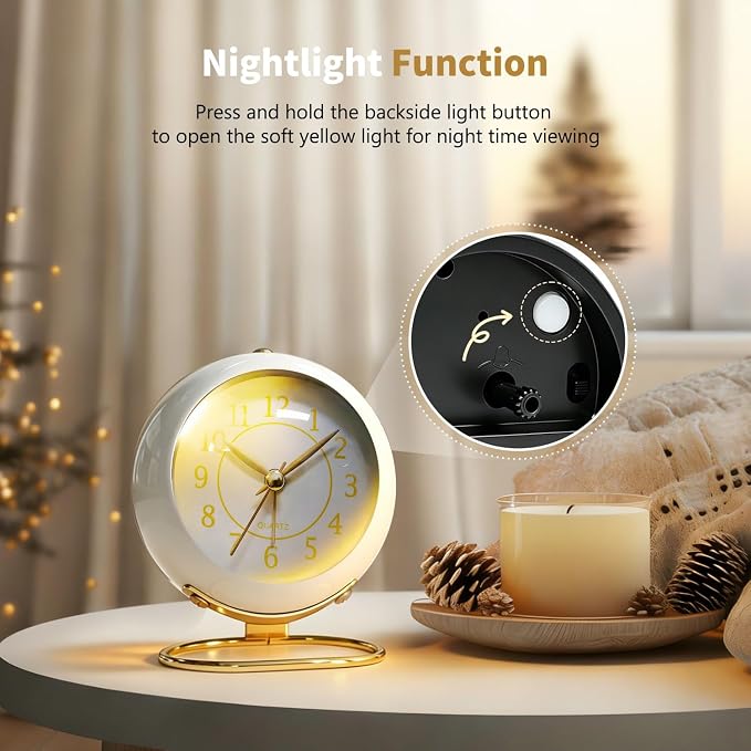 Analog Alarm Clock, Retro Small Desk Clock with Night Light, Backlight Cute Simple Metal Design, Silent Non-Ticking, Battery Powered, for Bedroom,Travel,Kitchen,Bedside Desktop Decor - Image 5