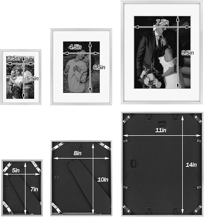 Frametory, Silver Aluminum Picture Frame with Removable Mat - Set of 7 Includes Four 5x7, Two 8x10, One 11x14 - Real Glass Front - Simple Gallery Wall Frames for Art Prints and Posters