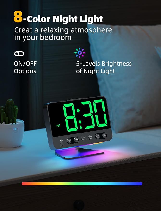 Odokee Digital Alarm Clocks for Bedrooms with Large Bold Number | Electric Desk Clock with Night Light & Brightness Dimmer - Loud Alarm for Heavy Sleepers with Adjustable Volume - Green - Image 5
