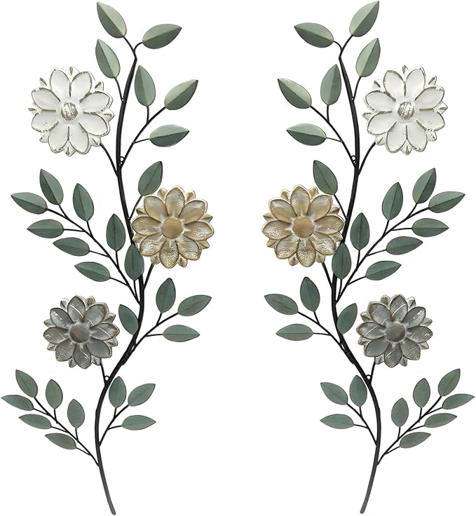 MorningRo 2 Pcs Metal Flower Leaves Wall Art Spring Wall Decor Living Room, 15.75 Inch Vintage Rustic Branch Leaf Wrought Iron Scroll Art Decor for Spring Bedroom Indoor Outdoor Decorations(Green)