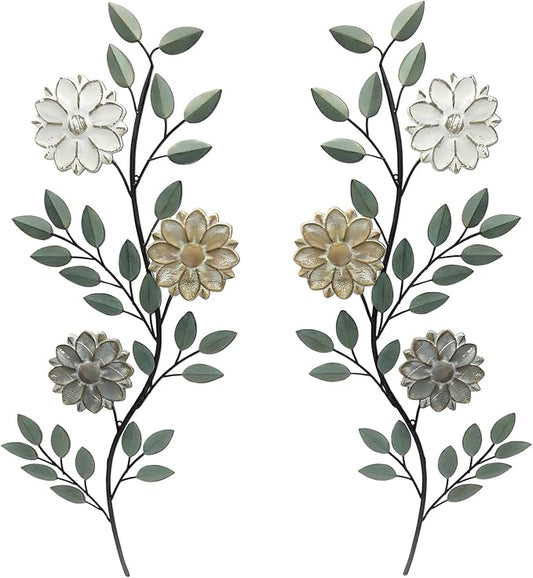 MorningRo 2 Pcs Metal Flower Leaves Wall Art Spring Wall Decor Living Room, 15.75 Inch Vintage Rustic Branch Leaf Wrought Iron Scroll Art Decor for Spring Bedroom Indoor Outdoor Decorations(Green)