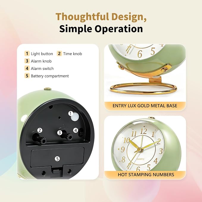 Analog Alarm Clock, Retro Small Desk Clock with Night Light, Cute Simple Design, Silent Non-Ticking, Battery Powered, Backlight Clock for Bedroom,Travel,Kitchen,Bedside Desktop Decor - Image 4