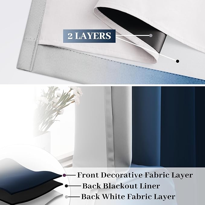 COSVIYA 100% Blackout Curtains for Bedroom with White Back, Double Layer Thermal Insulated Noise Reducing Grommet Window Curtains(52x63 Inch, Ombre Blue, 2 Panels)