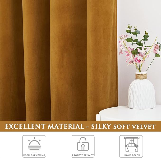 StangH Mustard Gold Velvet Curtains 108 inches Long, Luxury Room Darkening Home Decorative Curtain Drapes for Birthday Party/Holiday/Studio/Backdrop, Grommet Top, W52 x L108, 2 Panels