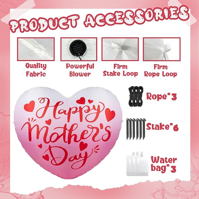 6.5FT Inflatable Happy Mother's Day Decorations, Father's Day Inflatable Double Side Decorations, Giant Hearts Built-in LED Lighted Blow Up Decoration Home Yard Outdoor Indoor Decor