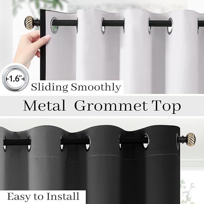 COSVIYA 100% Blackout Black Ombre Curtains for Bedroom with White Back, 2 Thick Layers Thermal Insulated Room Darkening Grommet Window Drapes, 52x63 Inch, 2 Panels