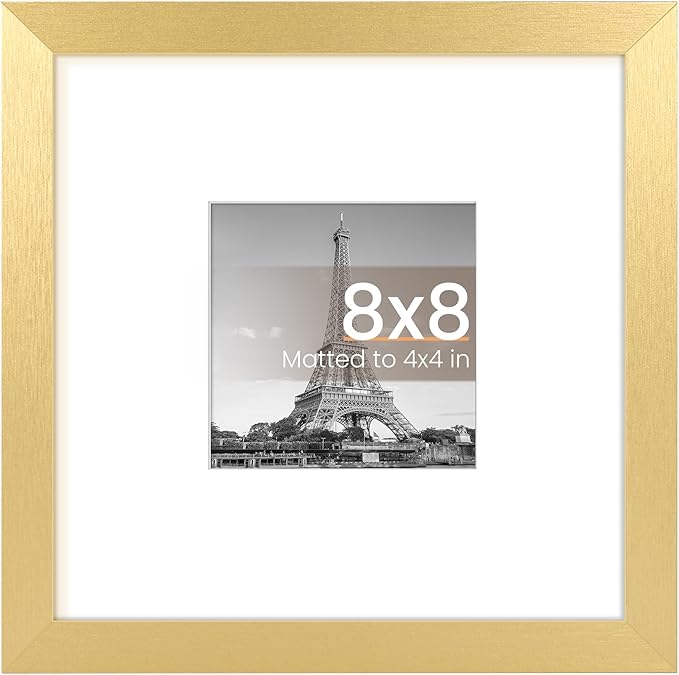 upsimples 8x8 Picture Frame, Display Pictures 4x4 with Mat or 8 x 8 Without, Wall Hanging Photo Frames, Gold, 1 Pack