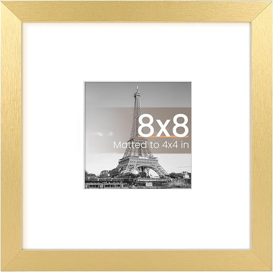 upsimples 8x8 Picture Frame, Display Pictures 4x4 with Mat or 8 x 8 Without, Wall Hanging Photo Frames, Gold, 1 Pack