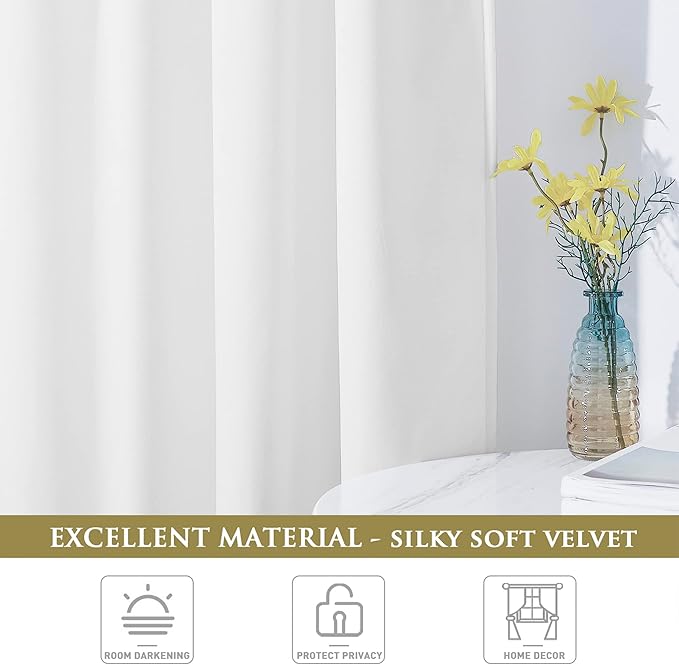StangH Bleach White Velvet Curtains 90 inches Long, Light Dimming Privacy Protect Window Treatment Grommet Home Decor for Living Room/Bedroom/Kids, W52 x L90 Each Panel, 2 Panels