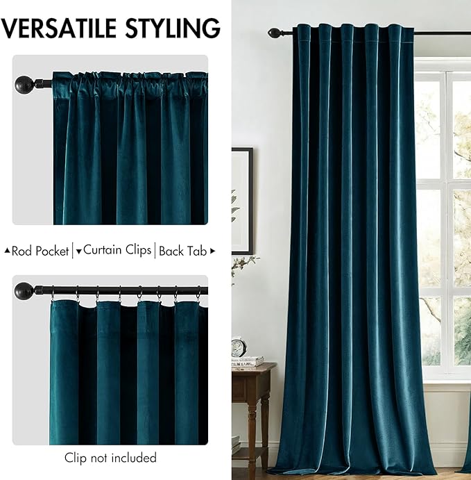 MIULEE Blue Velvet Curtains 2 Panels Luxury Room Darkening Curtains for Bedroom Living Room Thermal Insulated Super Soft Window Drapes Rod Pocket & Back Tab, Peacock Blue, W52 x L72 inches