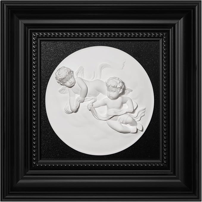 FOLKOR LIFE Framed Black and White Wall Art Sculpture with Cherub Angels for Vintage Decor, Antique Greek Mythology Framed Plaster Relief Wall Decor for Room, Hallway, Entryways Decoration