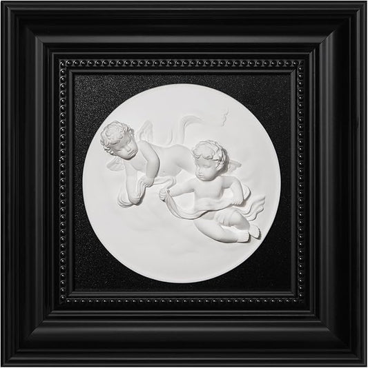 FOLKOR LIFE Framed Black and White Wall Art Sculpture with Cherub Angels for Vintage Decor, Antique Greek Mythology Framed Plaster Relief Wall Decor for Room, Hallway, Entryways Decoration