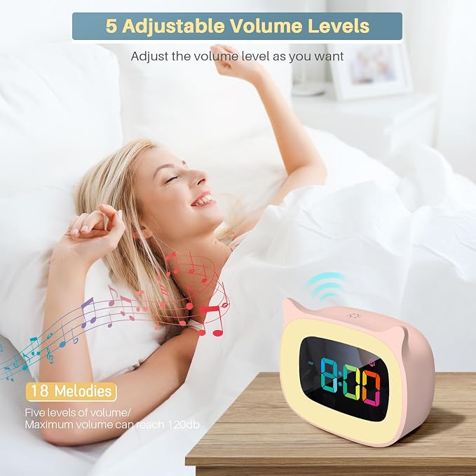 Cute Cat Ear Alarm Clock with RGB 7 Color Night Light,Pink - Image 5