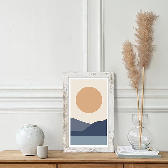 8x14 Picture Frame Set of 2, Distressed White Wood Frame with Glass Collage Frame, Display Pictures 3-4x6 With Mat or 8 x 14 Without Mat - Horizontal or Vertical Wall Mounting