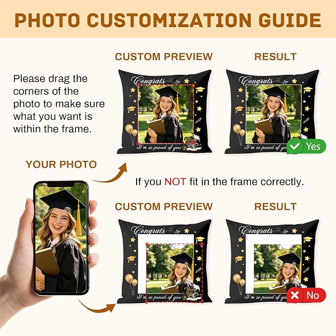 Custom Pillow with Picture & Text - Include Insert, Personalized Graduation Gifts for Class of 2026, Inspirational Souvenir Gifts for Senior College Masters