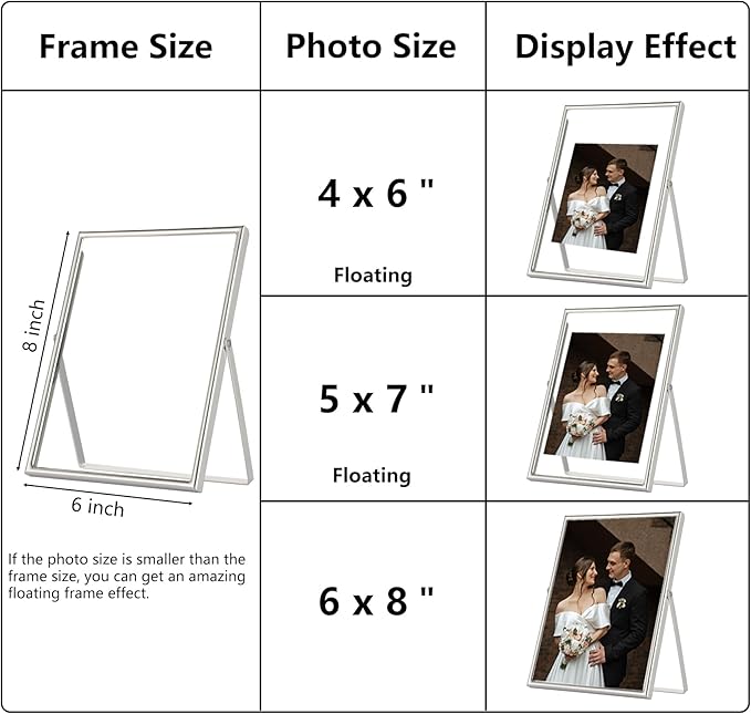 6x8''Premium Silver Metal Floating Picture Frame Set of 2,For Photo Sizes (3.5x5''4x6''5x7''),Classy Flaoting Frames for Wedding & Home Decor,Easy Glass Replacement with Spring - Loaded Mechanism