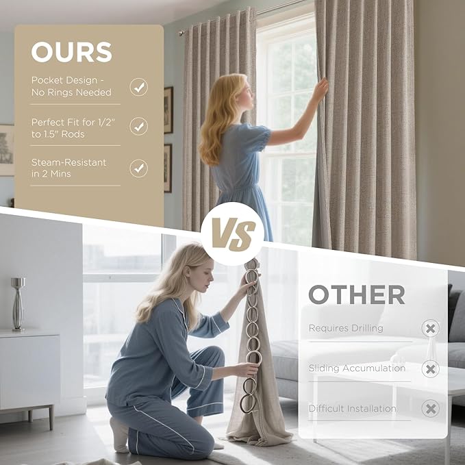 Joydeco 100% Blackout Curtains for Bedroom - Natural Linen Curtains, Thermal Insulated Linen Light Blocking Drapes, Rod Pocket & Back Tabs (Linen, 52" W x 90" L (Pack of 2))