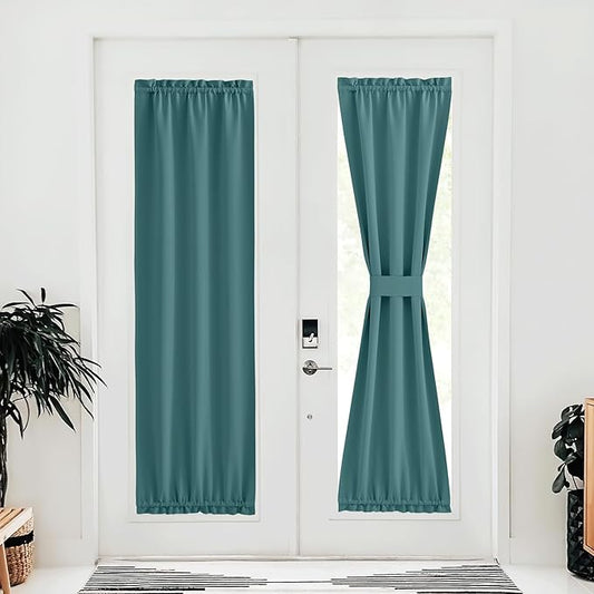 NICETOWN French Door Blackout Curtain for Kitchen Thermal Insulated Drapes Temporary Window Treatment Covering for Glass Door Rod Pocket with Tieback, 25" x 80", Sea Teal, 1 Panel