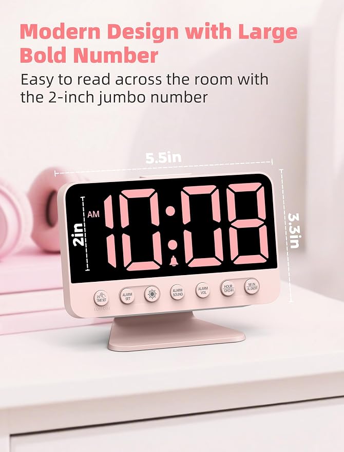 Odokee Digital Alarm Clocks for Bedrooms with Large Bold Number | Pink Alarm Clock with 8 Night Lights & Dimmable Display - Cute Alarm Clock with 5 Sounds for Girls Teens Kids - Sakura Pink - Image 2