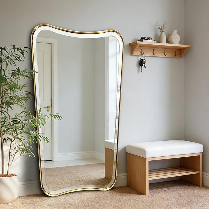 POZINO Brushed Gold Beveled Mirror, 30"x48" Irregular Aesthetic Floor Mirrors, Bathroom Vanity Mirror with Stainless Steel Frame, Butterfly Shape Wall Mirrors for Living Room Bedroom Hallway Entryway