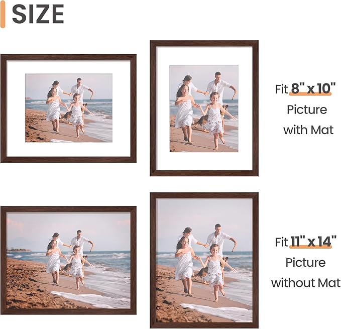 upsimples 11x14 Picture Frame, Display Pictures 8x10 with Mat or 11 x 14 Without, Wall Hanging Photo Frames, Brown, 1 Pack