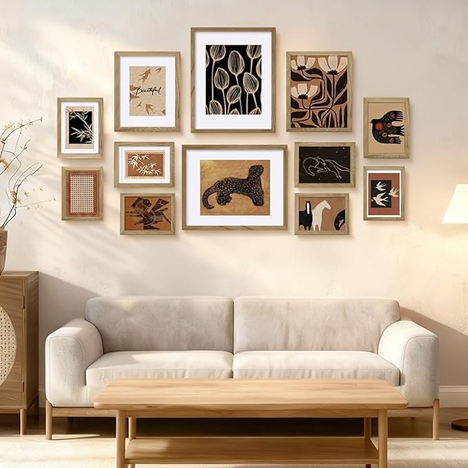 Egofine Picture Frame Set 12 Pack, Picture Frames Collage Wall Decor with Two 11x14, Two 8x10, Four 5x7, Four 4x6 for Wall and Tabletop, Made of Solid Wood, Covered by Plexiglass, Carbonized Brown