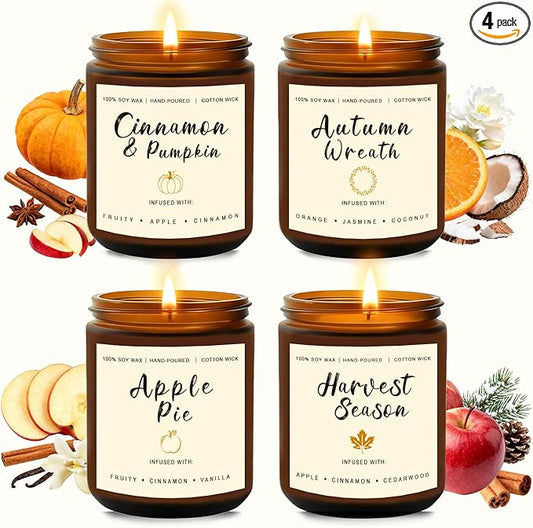 Candles for Home Scented – Cinnamon Pumpkin, Apple Vanilla, Orange Jasmine Coconut, Cedarwood Spice – Long Lasting Soy Candles Set for Home, Birthday & Valentine's Day Gifts for Women