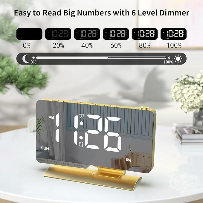 Projection Alarm Clock for Bedroom Ceiling, Gold Digital Clock Room Decor - Image 5
