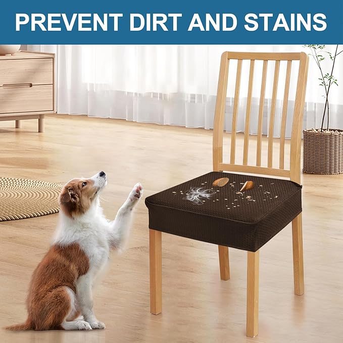 Smiry Waterproof Seat Covers for Dining Room Chairs Set of 8, Stretch Jacquard Removable Washable Chair Seat Slipcovers Protector, No Rear Covers, Brown