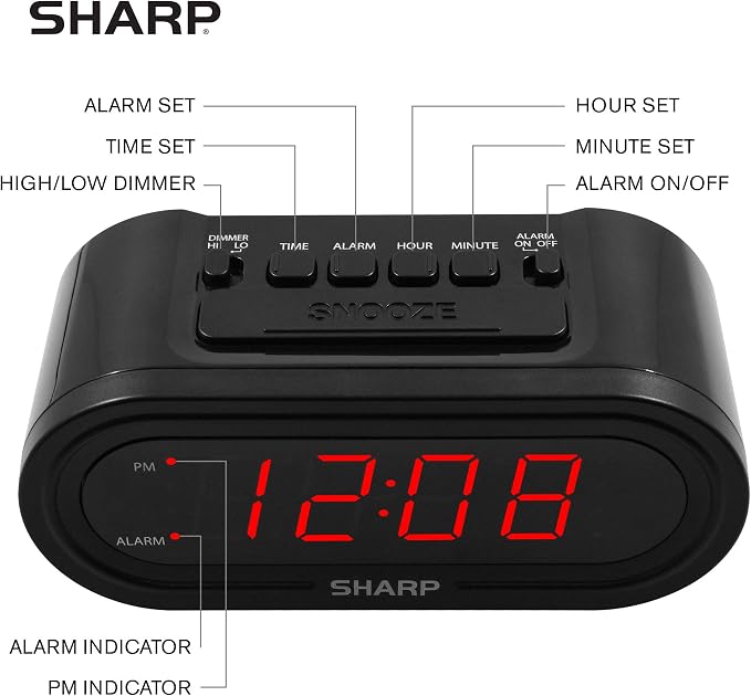 Sharp AccuSet Self-Setting Alarm Clock with Auto DST, Red LED - Image 3