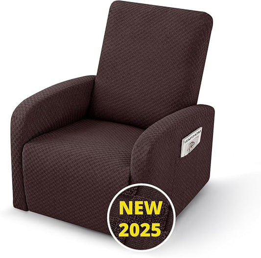 YEMYHOM 3 Pieces Stretch Recliner Slipcover Latest Jacquard Small Recliner Chair Cover with Side Pocket Anti-Slip Fitted Furniture Protector with Elastic Bottom (X-Small Recliner, Dark Coffee)