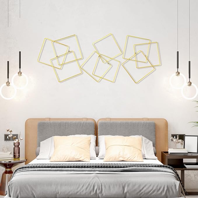 Hicarer 3 Pcs Interlocking Rings Wall Sculpture Gold Metal Home Wall Decor Abstract Aesthetic Gold Decoration for Art Bedroom Living Room Bathroom Home(Square)