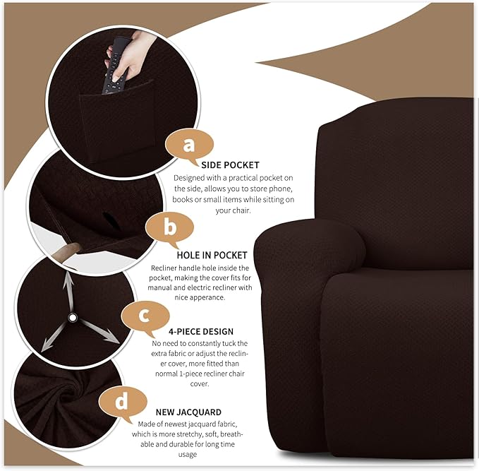 JIVINER 8-Piece Recliner Sofa Covers Stretch Jacquard Couch Covers for Recliner Slipcovers for Living Room 3 Cushion Soft Recliner Protector with Pocket (Sofa Recliner, Dark Coffee)