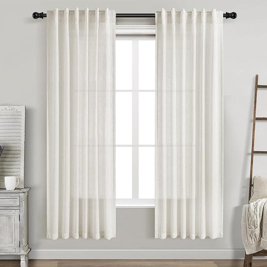 Cream Semi Sheer Linen Curtains 72 Inch Length for Living Room Back Tab Rod Pocket Modern Farmhouse Coastal Decor Cream Cotton Textured Gauze Curtains 72 Inches Long for Dining Room Office 42x72