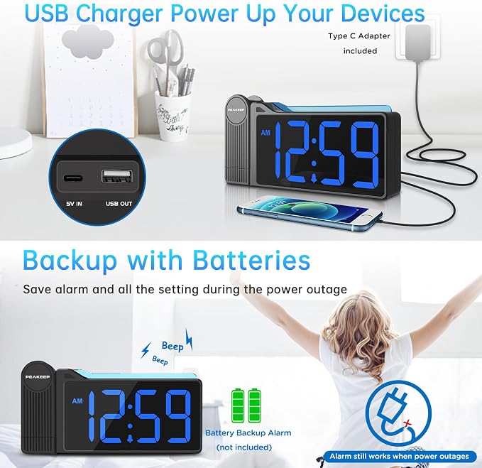 Peakeep Projection Alarm Clock for Bedroom Ceiling with Colorful Nightlight - Image 7