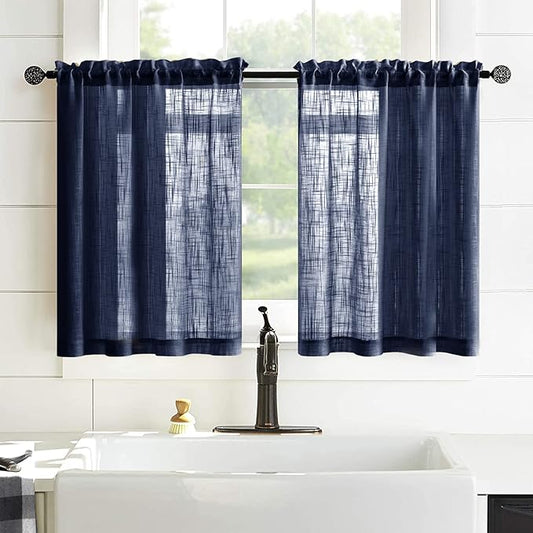 XTMYI Navy Blue Tier Curtains for Bathroom Window 24 Inch Length Faux Linen Look Semi Sheer Curtains for Kitchen Bedroom Dark Blue