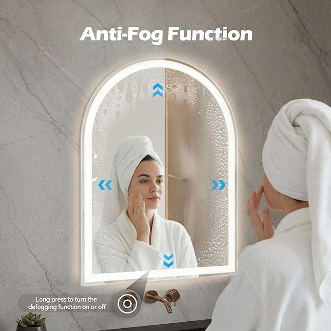 Sweetcrispy 24“×32” LED Bathroom Backlit Mirror with Lights, Arched Vanity Mirror with Anti-Fog, Dimmable, 3-Color Light, Memory Function, Tempered Glass