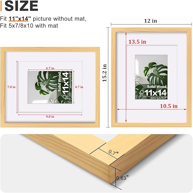 Egofine 11x14 Picture Frames Natural Wood 2 PCS Made of Solid Wood Covered by Plexiglass - for Table Top and Wall Mounting for Pictures 8x10 or 5x7 with Mat Horizontally or Vertically Display Photo