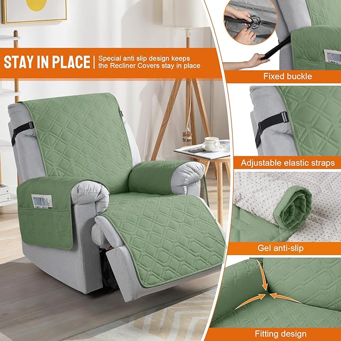 VANSOFY 100% Waterproof Recliner Chair Covers, Recliner Cover Non-Slip Dog Chair Cover Furniture Protector Washable Slipcover with Pocket, Elastic Straps for Pets, Dogs(Bean Green, 30")