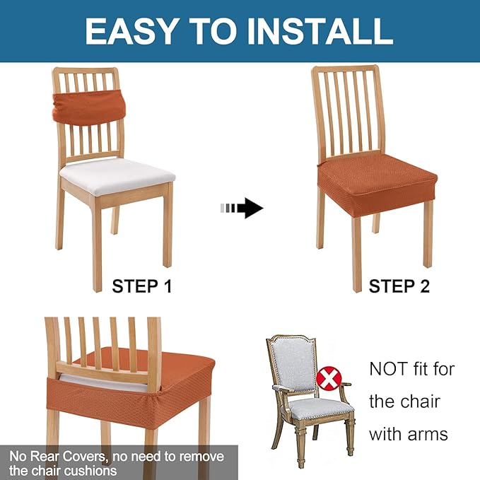 Smiry Waterproof Seat Covers for Dining Room Chairs Set of 2, Stretch Jacquard Removable Washable Chair Seat Slipcovers Protector, No Rear Covers, Rust