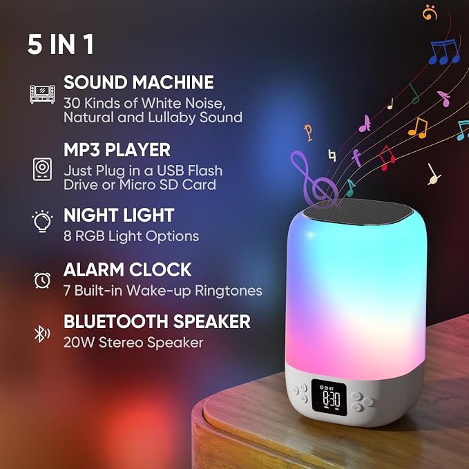 Nightlight Bluetooth Speaker Alarm Clock, Sound Machine with White Noise - Image 2