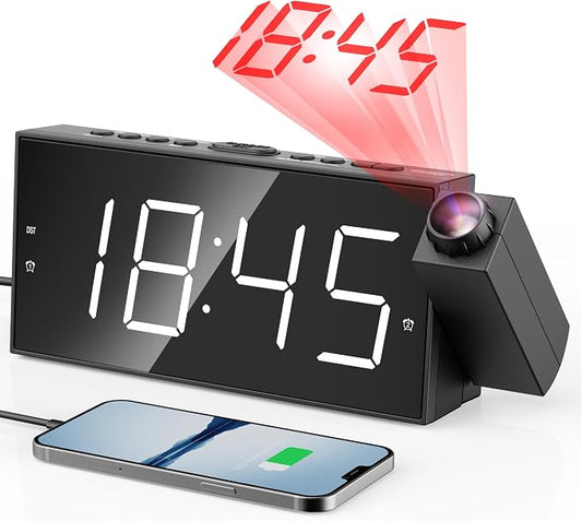 Mesqool Digital Projection Alarm Clock with Dual Alarms, 5 Levels Dimmer | Plug-in Clock with 180° Projection on Ceiling Wall,Battery Backup,12/24H & DST, USB Charging Port,Snooze for Heavy Sleepers by Mesqool